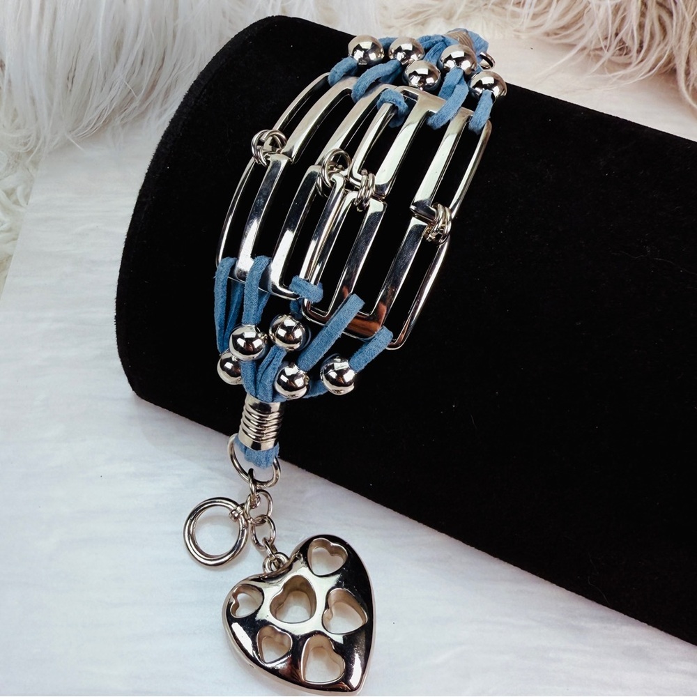 Silvertone blue heart charm, toggle closure wide bracelet